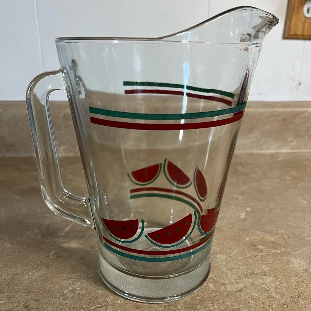 Vintage Glass Watermelon Pitcher - Clear Glass with Red & Green Design